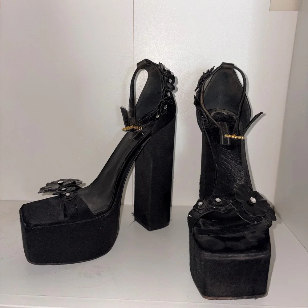 Versace Black Satin Floral Crystal Platform Sandals Medusa Block Heel Size 40